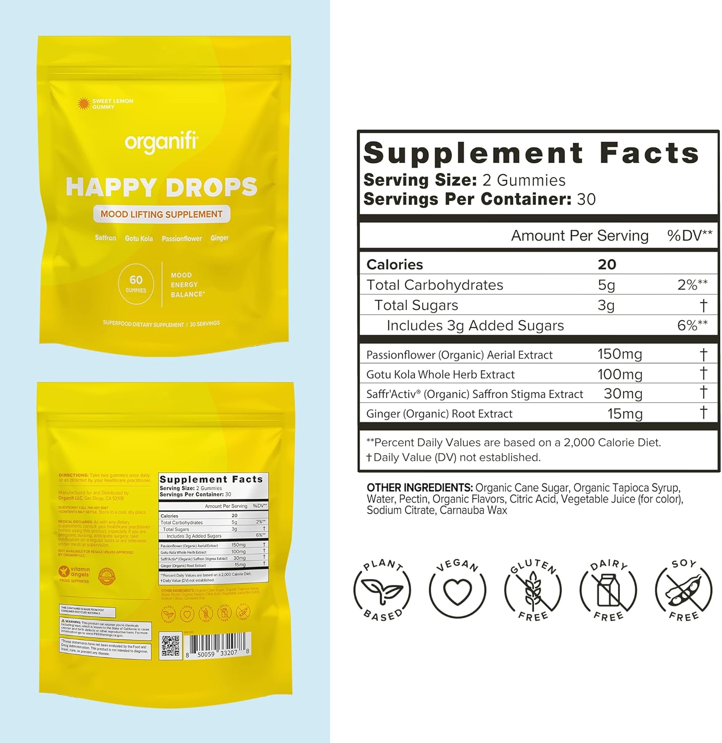 Organifi Happy Drops - Daily Superfood Happy Gummies for Adults - Mood Support Supplement for Balance, Bliss, Energy and Taking The Edge Off - Sweet Lemon Flavor - 60 Gummies