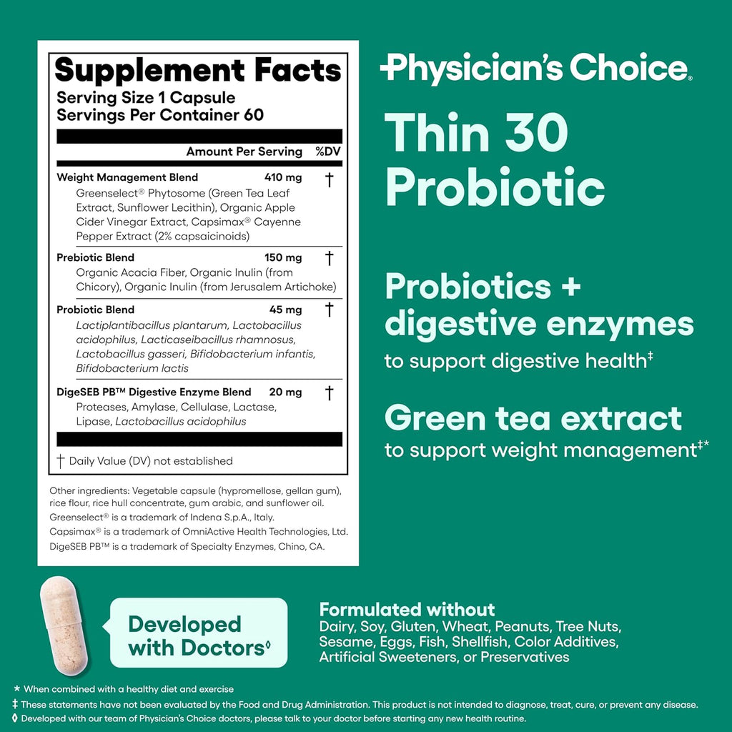 Physician's CHOICE Probiotics for Weight Management & Bloating - 6 Probiotic Strains - Prebiotics - Key ingredient Cayenne - Supports Gut Health - Weight Management for Women & Men - Green Tea - 60 CT