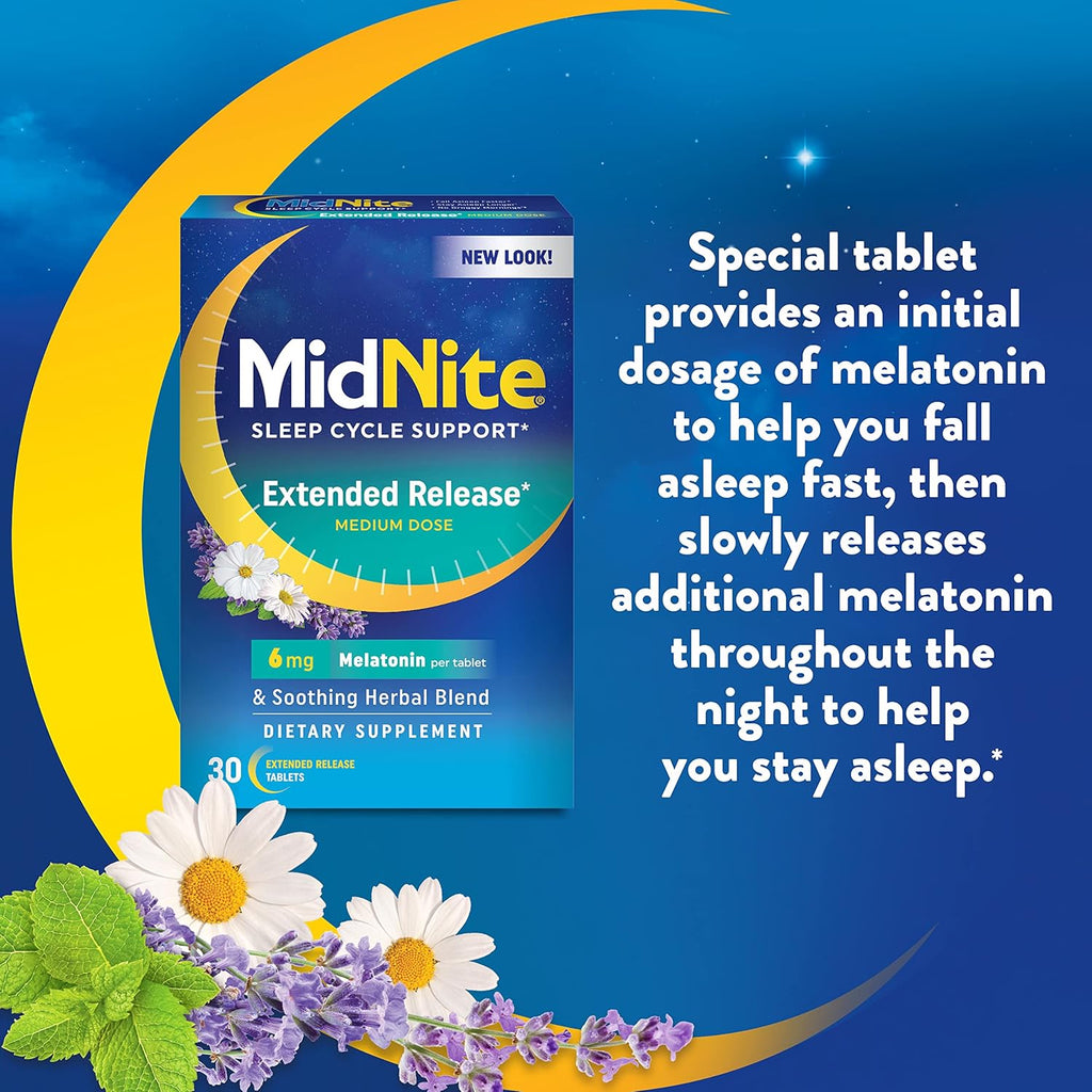 MidNite Extended Release Medium Dose, 6 mg Melatonin Sleep Aid, Non-Habit Forming, Herbal Dietary Supplement for Adults, Drug-Free, Gluten-Free, Lactose-Free, Vegetarian, Vegan, 30 Tablets