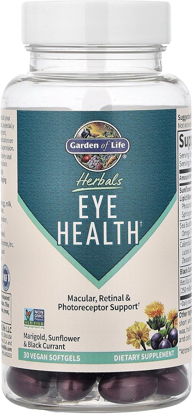 Garden of Life Herbals Eye Health Supplement with Sunflower & Safflower Oil, Lutein, Zeaxanthin & Black Currant for Dry Eyes & Healthy Vision Support – Non-GMO, Gluten-Free, Berry Flavor, 30 Servings