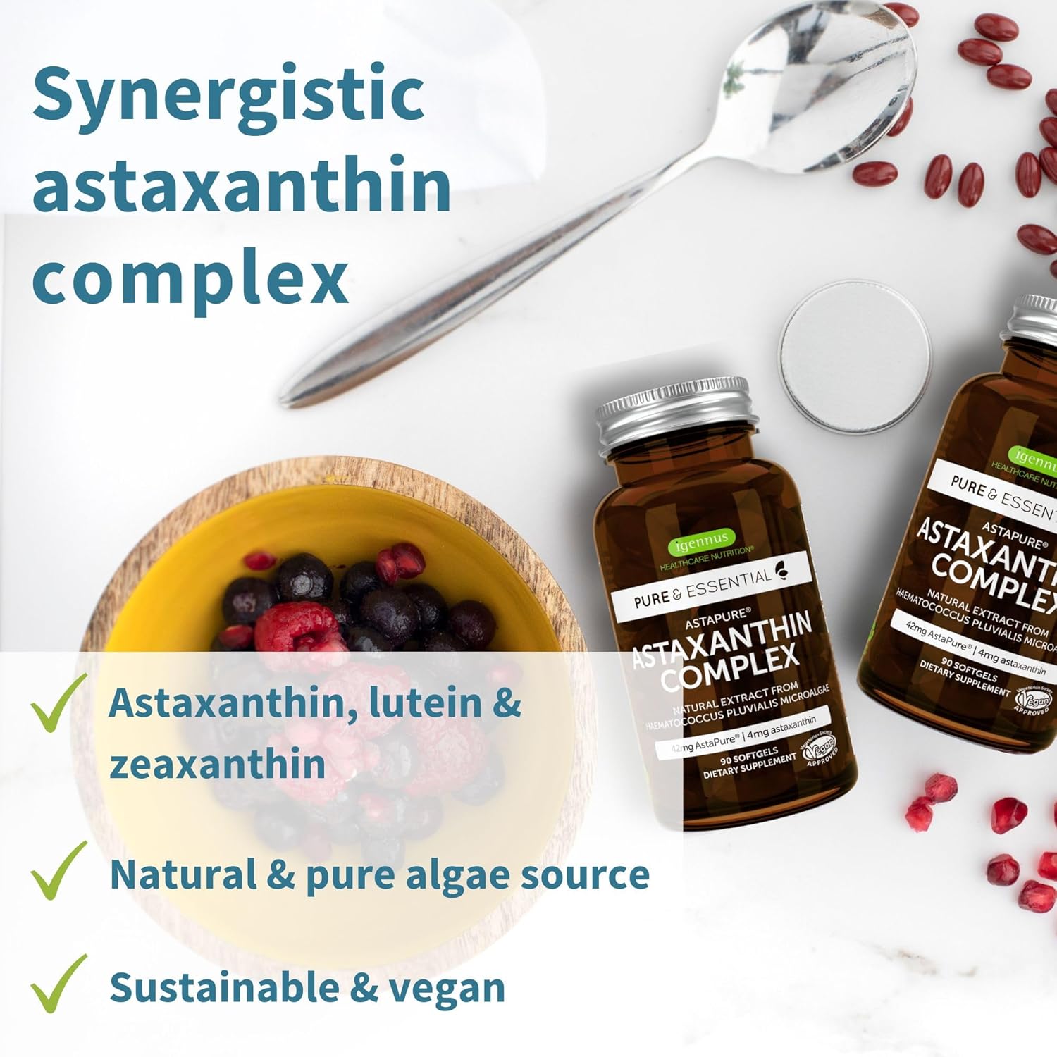Igennus Vegan Astaxanthin 4mg Complex with Lutein and Zeaxanthin, 90 Small Softgels, from 42 mg Astapure, Natural Algae Antioxidant for Eyes, Skin & Joints, Non-GMO, H. Pluvialis