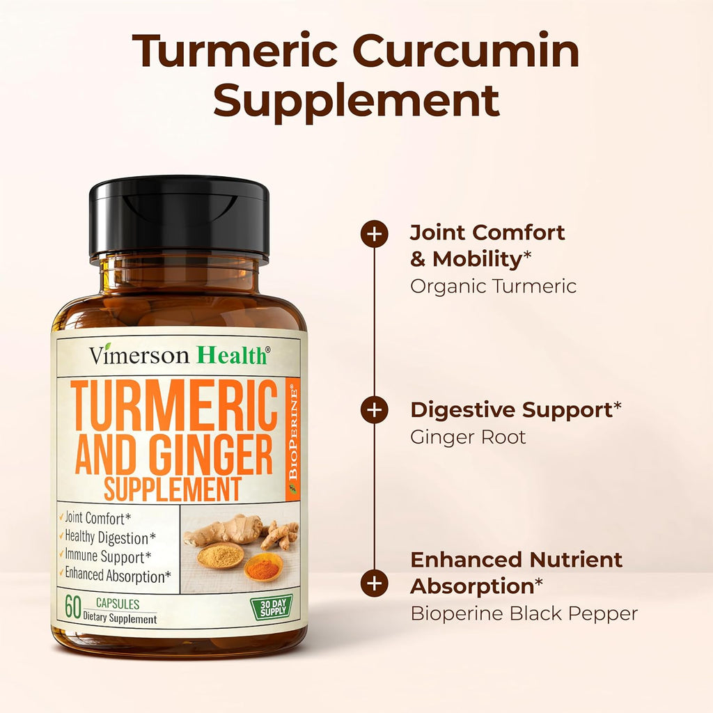 Turmeric Curcumin Supplement with Ginger Root for Joint Support, Digestive & Gut Health - Contains Organic Turmeric Curcumin with Black Pepper (Bioperine) for Enhanced Absorption - 60 Capsules, 2 Pack