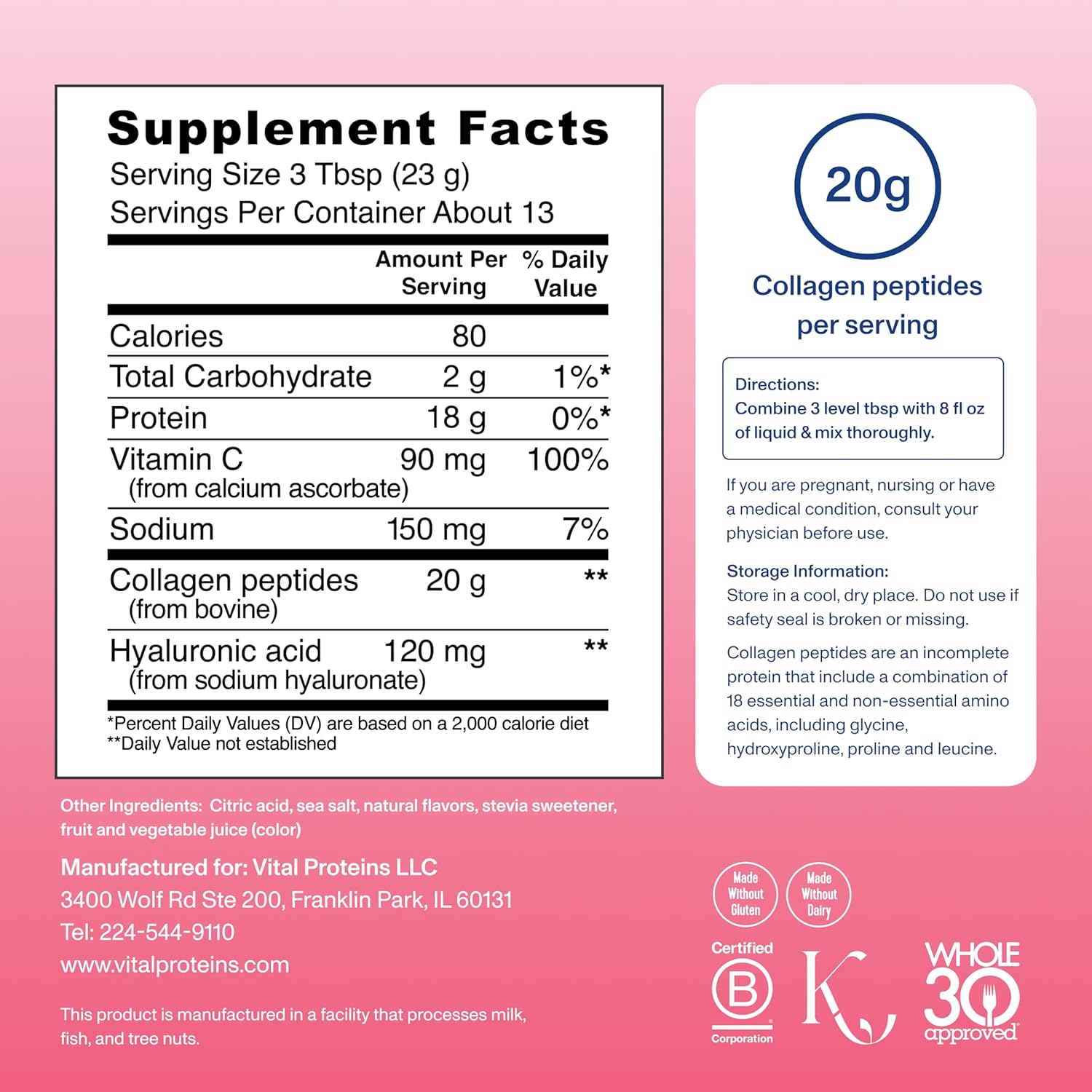 Vital Proteins Collagen Peptides Advanced, Hydrolyzed Peptides with Hyaluronic Acid and Vitamin C - Strawberry Lemon Flavor Powder, 10.5oz
