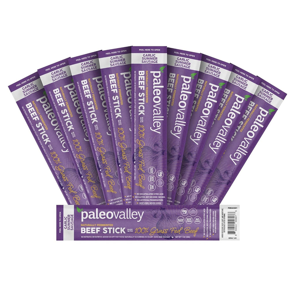 Paleovalley 100% Grass Fed Garlic Summer Sausage Beef Sticks - Delicious Gluten Free Beef Snack - High Protein Keto Friendly
