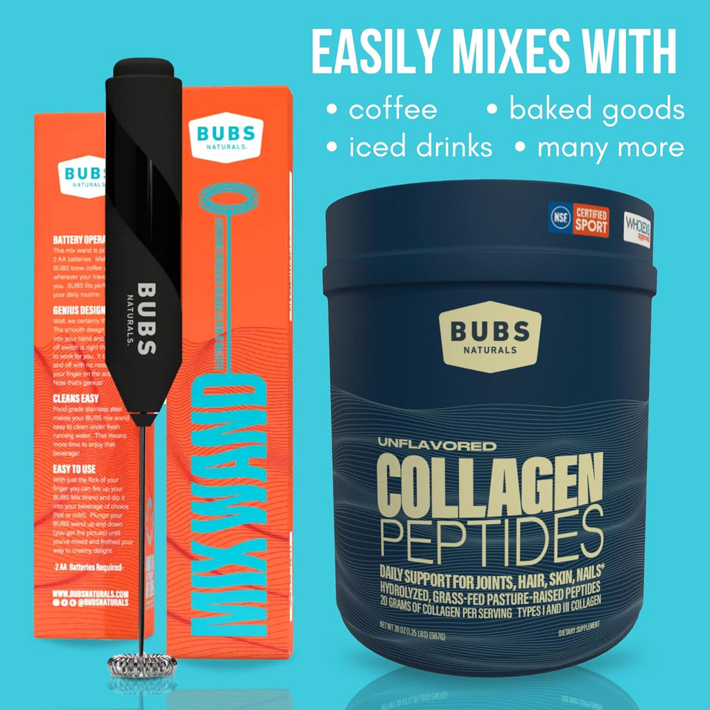 BUBS Naturals Collagen Peptides Powder & Mixing Wand Bundle, Collagen for Women & Men, Hydrolyzed Peptides, Unflavored Pasture Raised Grass Fed, Keto Friendly, 20 oz Collagen Tub (28 Servings) +1 Wand