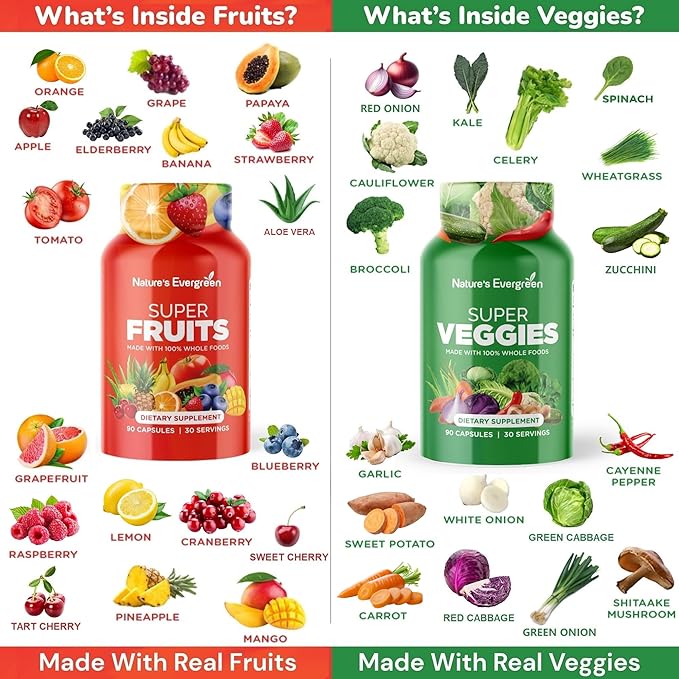 Fruits and Veggies Supplement - Nature Fruits and Vegetables Supplements - Vegan, Non GMO, Soy Free, Superfood Vitamins & Minerals Nutritional Balance - (Total 180 Capsules - Pack of 2) Made in USA