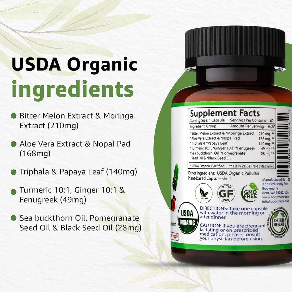 USDA Organic Blood Sugar Blend | Supports Healthy Metabolism* | with Bitter Melon, Moringa, Aloe Vera, Nopal, Papaya Extracts & More | 60-Day Supply | Vegan & Non-GMO | USA-Made
