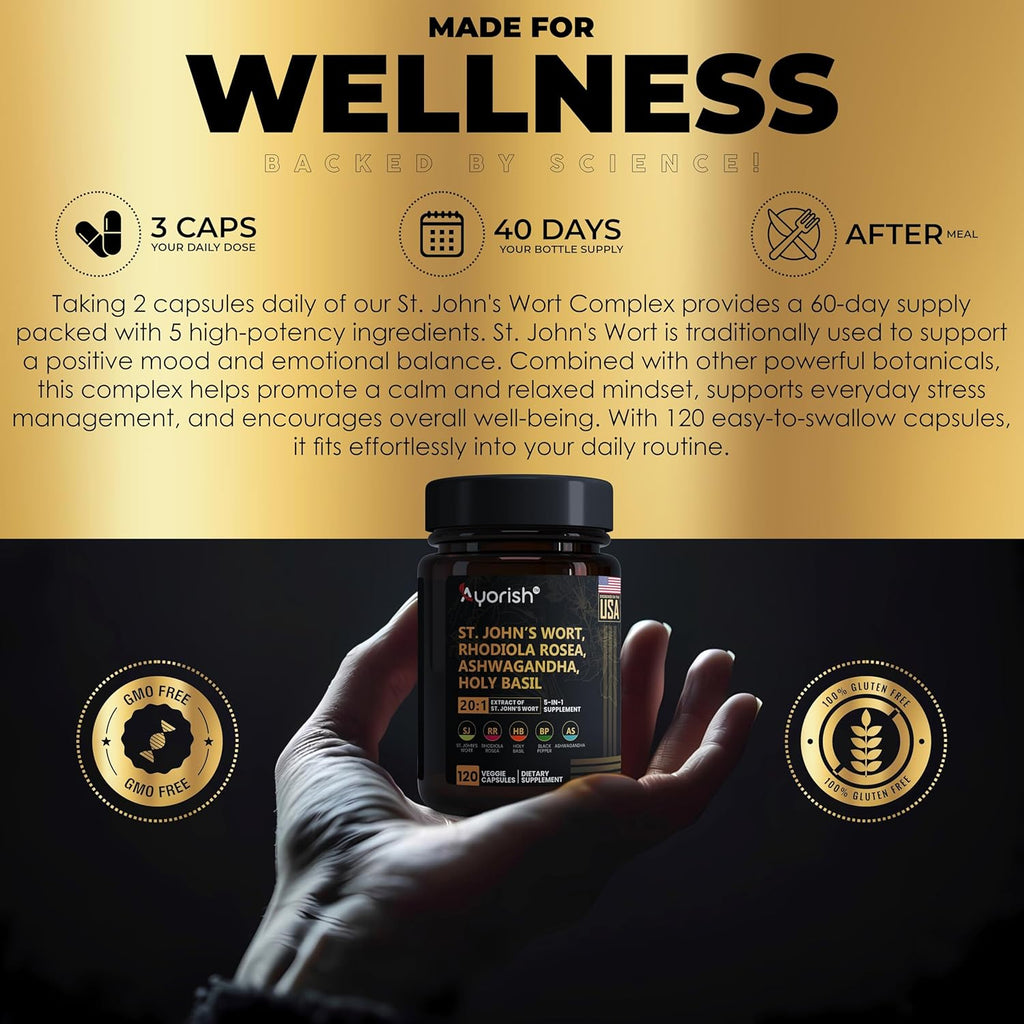 St Johns Wort 20:1, 1000mg, Rhodiola Rosea Holy Basil Ashwagandha - Mood Support for Women and Men with Vitamin C & Black Pepper Extract - 120 Caps