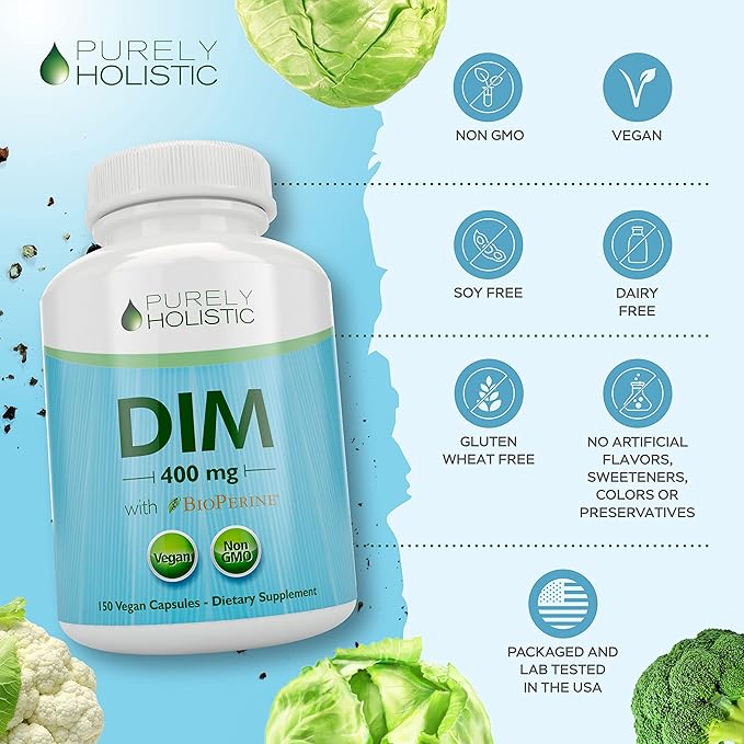Purely Holistic DIM Supplement 400mg Plus Bioperine - 150 Vegan Capsules - 5 Month Supply - Hormone Balance for Women & Men - High Strength Diindolylmethane