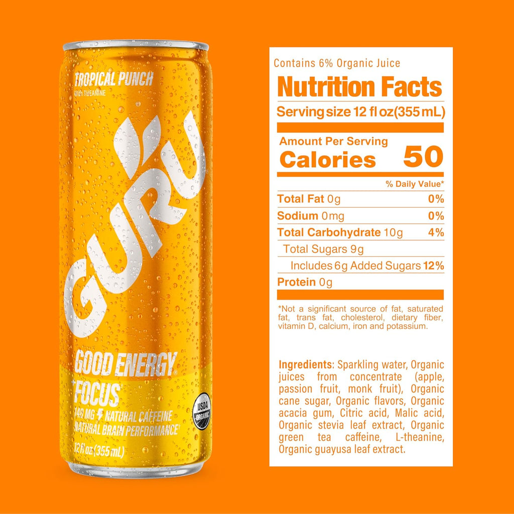 GURU Tropical Punch Organic Energy Drinks, Clean Energy Drink with Plant Based Natural Caffeine from Green Tea + Focus with L Theanine, Gluten Free, 140MG Caffeine, Healthy Drinks, 12oz (Pack of 12)