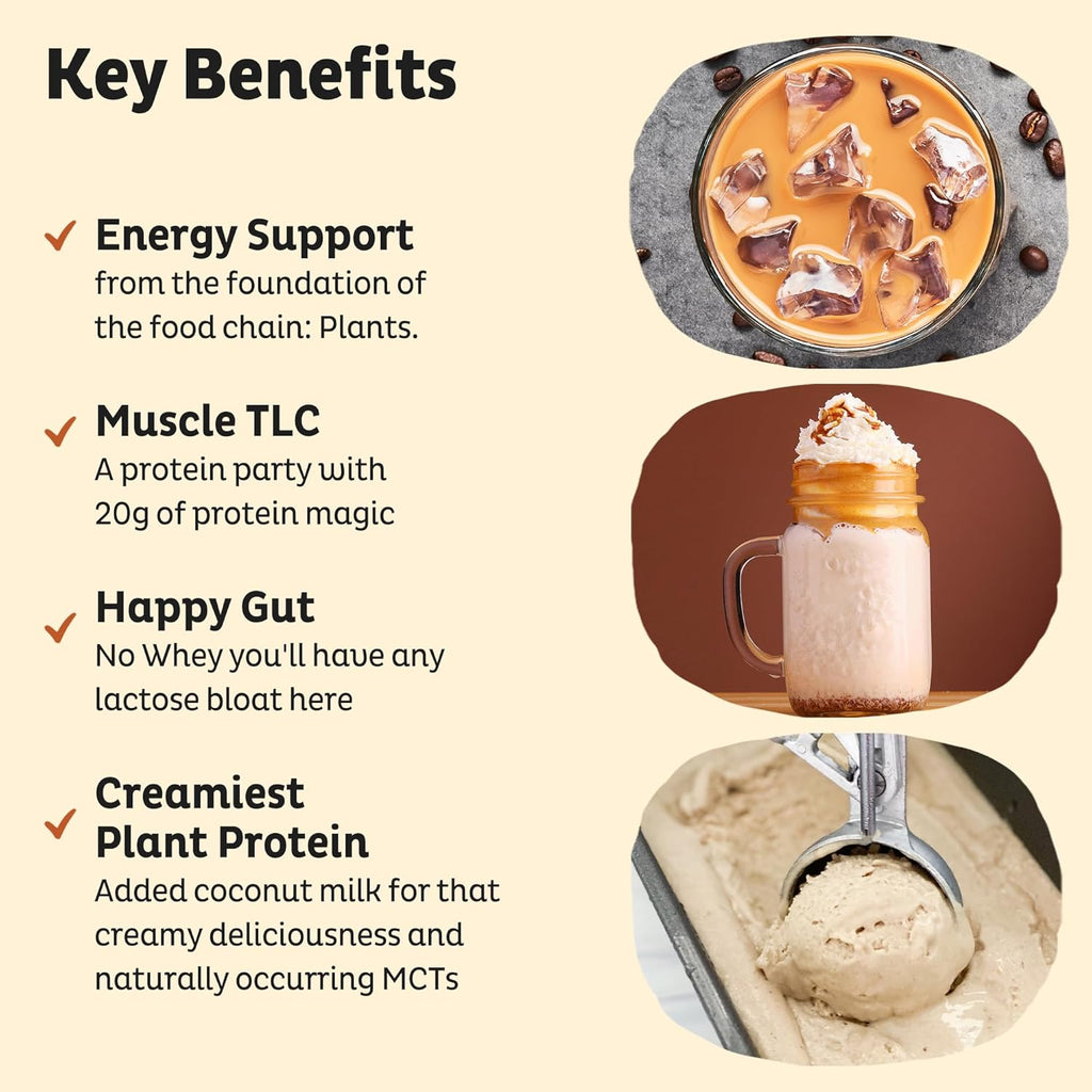 KOS Vegan Protein Powder, Salted Caramel Coffee - Low Carb Pea Protein Blend, Organic Plant Superfood Rich in Vitamins & Minerals - Keto, Dairy Free - Meal Replacement for Women & Men - 15 Servings