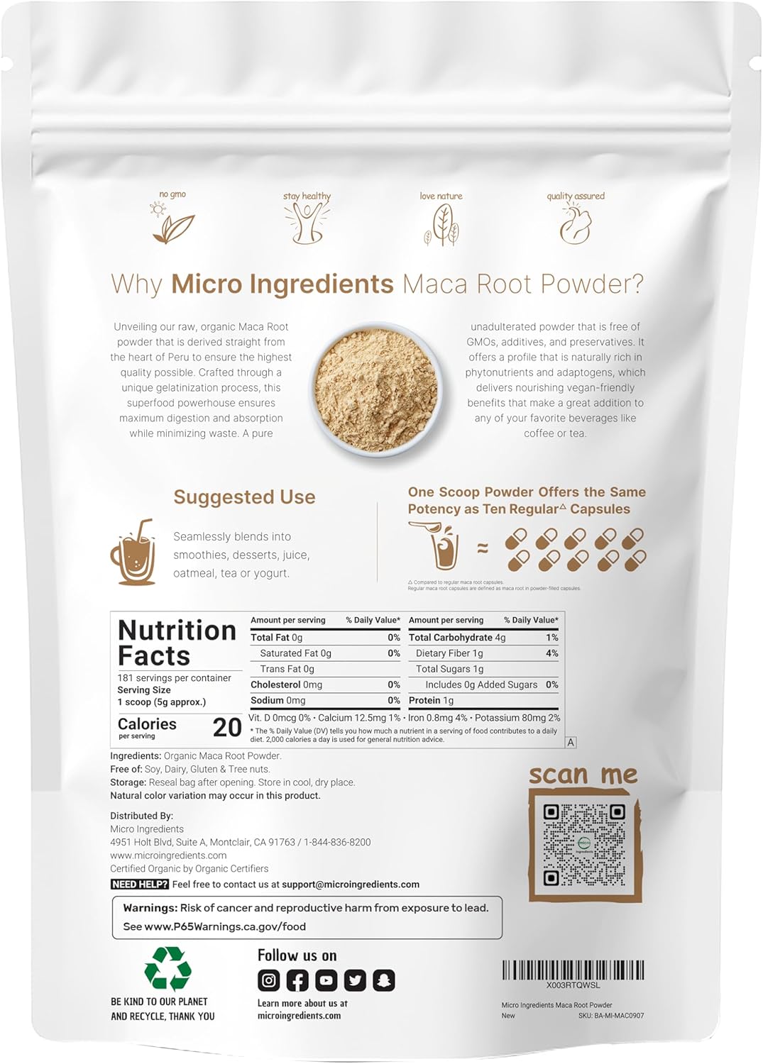 Organic Maca Root Powder, 2 Pound, Gelatinized for Better Absorption, Rich in Antioxidants, Help Energy, Stamina, Endurance, Strength and Immune System, No GMOs, Vegan Friendly and Peru Origin