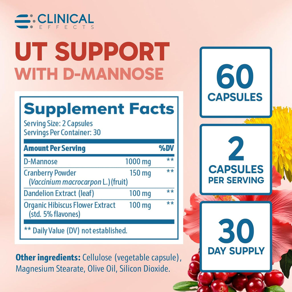 Clinical Effects UT Support - Natural Cleanse and Urinary Tract Health Support - D-Mannose, Dandelion, Hibiscus and Cranberry Pills for Women - 60 D Mannose Capsules - Made in The USA