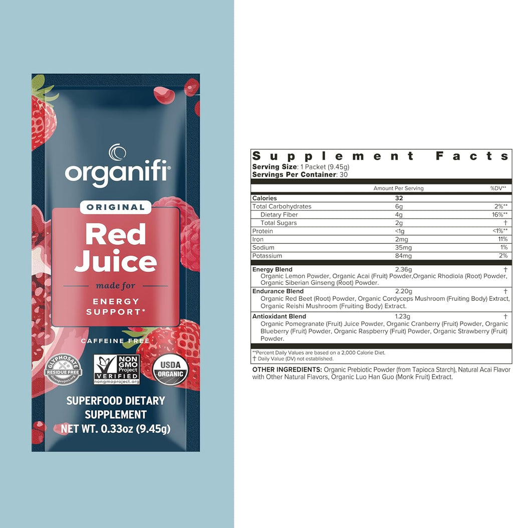 Organifi Red Juice - Energy Powder Reduces Afternoon Crashes and Boosts Digestion and Immune System, 15 Go Packets