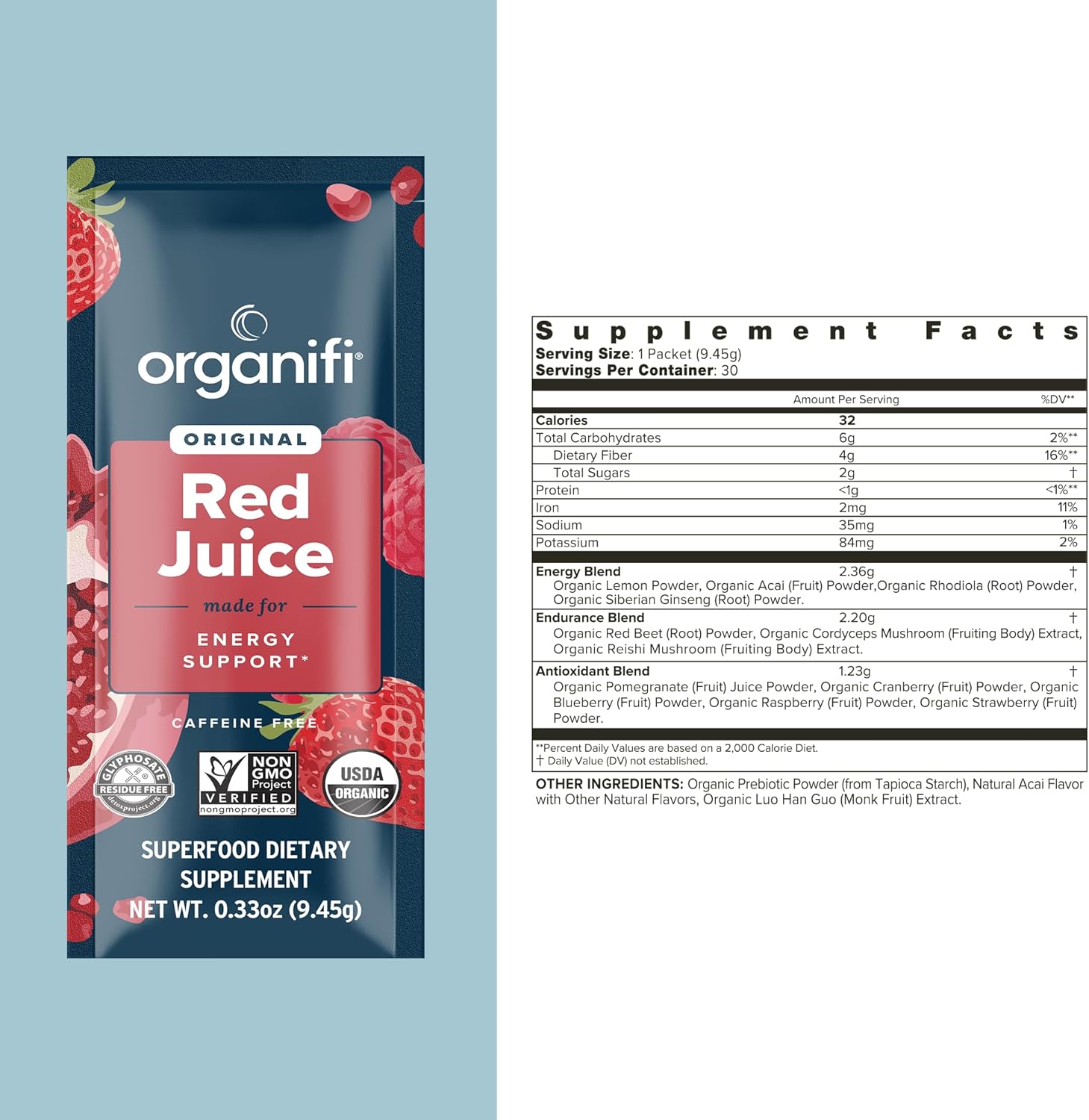 Organifi Red Juice - Energy Powder Reduces Afternoon Crashes and Boosts Digestion and Immune System, 15 Go Packets