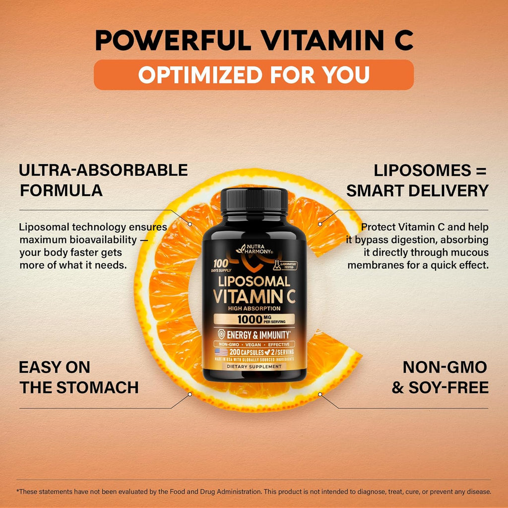 Liposomal Vitamin C 1000mg - High Absorption & Gentle On Stomach - Antioxidant, Energy Boost & Immune Support - Vitamin C Supplement - NON-GMO & SOY-Free - Made in USA - 200 Capsules, 100 Day Supply