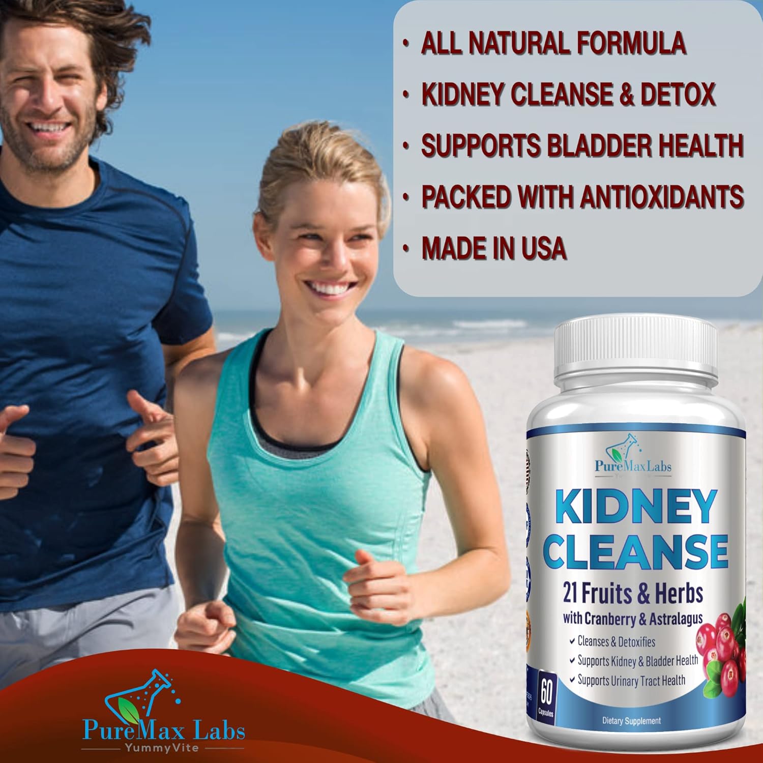 Herbal Kidney Cleanse with Cranberry Extract, Astralagus - 21 Fruits & Herbs - Detox & Cleanse Urinary Tract & Bladder Health, Kidney Support, 60 Vegan Capsules