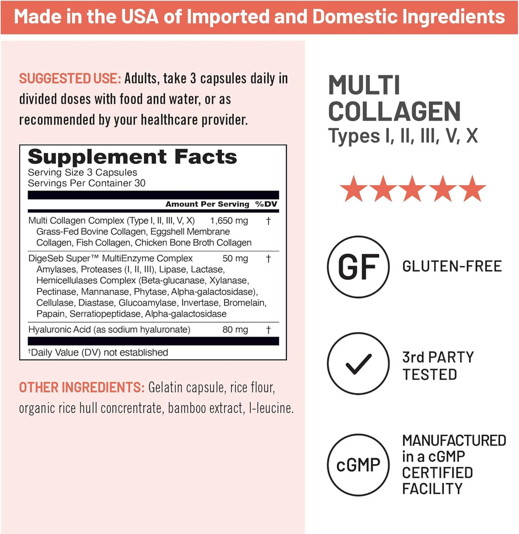 NatureWise Multi Collagen Peptides Pills for Women & Men - Type I, II, III, V, X w/Hyaluronic Acid - Supports Skin, Hair, Joint Health* - Grass Fed, Gluten Free, Non-GMO - 90 Capsules[30 Day Supply]