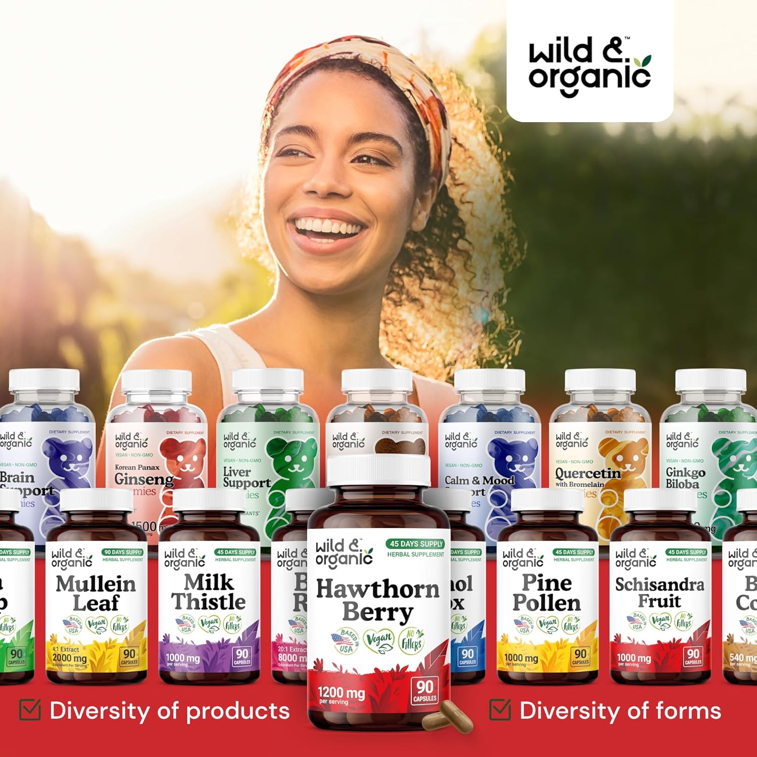 Wild & Organic Hawthorn Berry Capsules 1200 mg - Overall Support - Hawthorne Berry Supplement - Crataegus Monogyna Fruit Powder - 45 Days of Supply - Vegan, No Fillers, Non-GMO - 90 Count