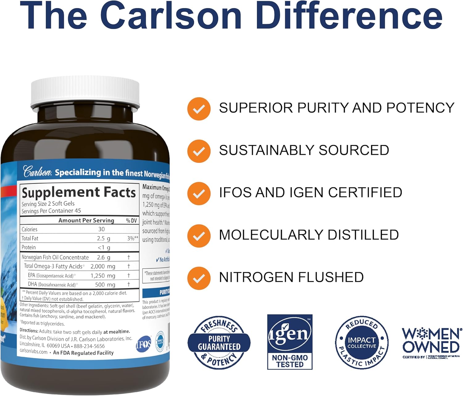 Carlson - Maximum Omega 2000, 2000 mg Omega-3s, Healthy Heart, Brain Function & Vision Support, Lemon, 90 soft gels