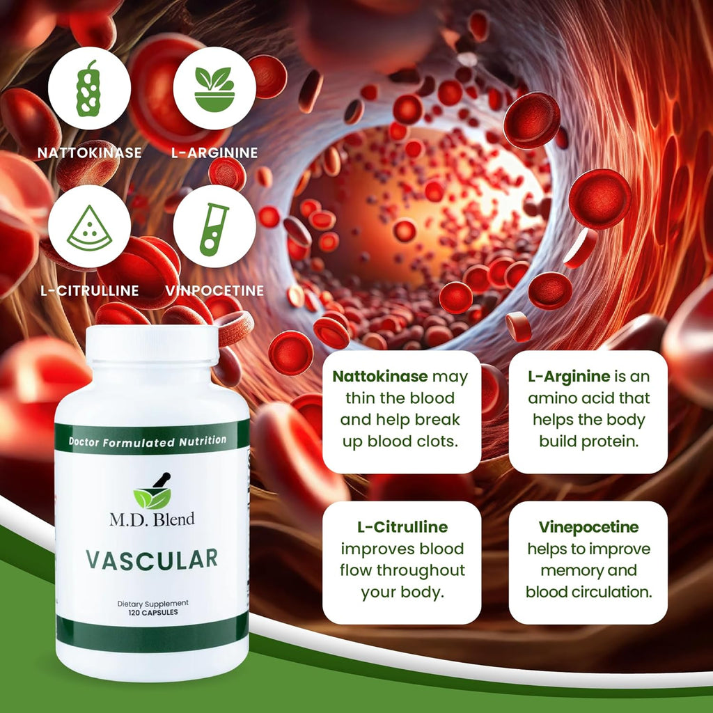 M.D. Vascular - Expert Formulated Supplement - Vascular & Overall Wellness Goals - Proper Flow, Numbers, Balance - Powerful Garlic, Ginger, L-Arginine, Pomegranate - 120 Capsules (Pack of 1)