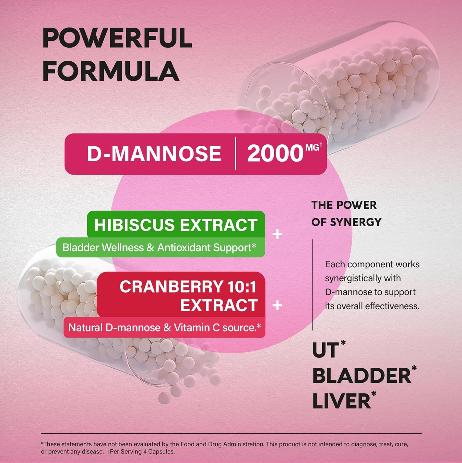 D-Mannose 2000mg with Cranberry & Hibiscus - Clinically Tested Strength for Urinary Tract Health - Supplement for Women - Bladder, Liver & Microflora Support - Made in USA - Vegan, 120 Capsules