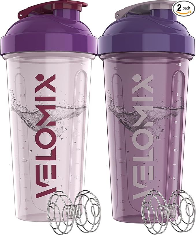 VELOMIX -2 Pack- 28 oz Protein Shaker Bottles for Protein Mixes - 2x Wire Whisk | Leak Proof Shaker Cups for Protein Shakes | Protein Shaker Bottle Pack (Purple Mix)