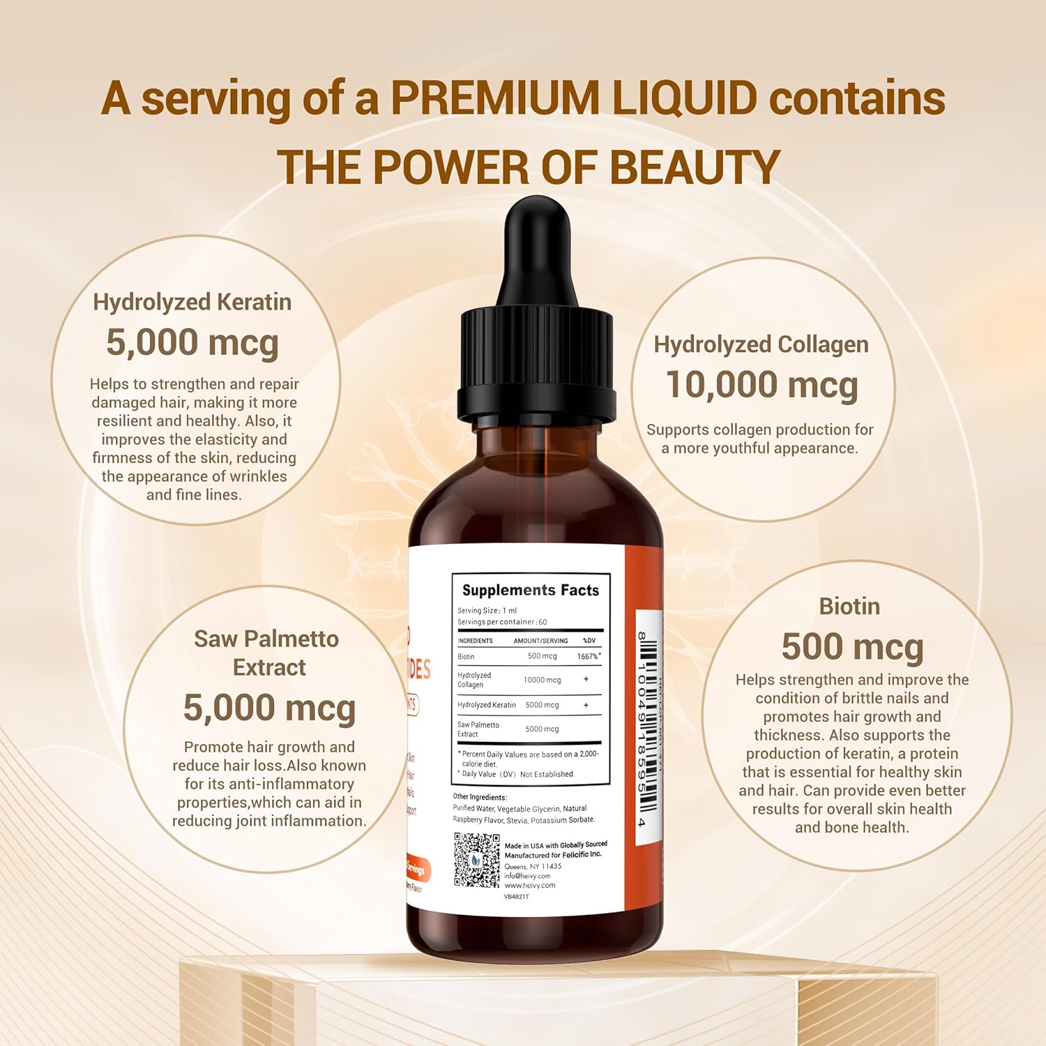 Liquid Collagen for Women, Liquid Biotin & Collagen for Radiant Skin, Hair Growth, Strong Nails, Joint Support, 20500 mcg 4-in-1 Collagen Drops, Advanced Absorption, Raspberry Flavor- 2 FL OZ