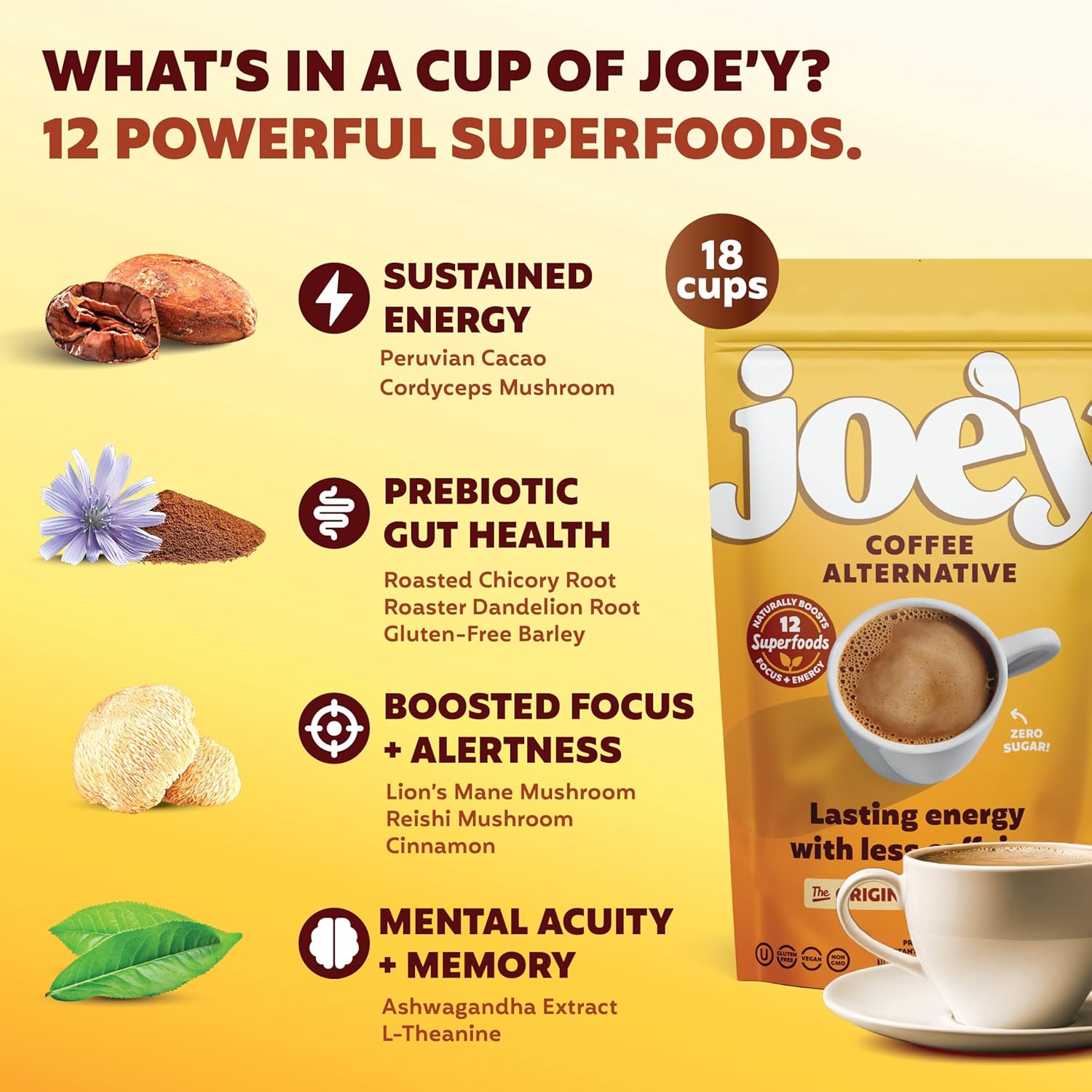 Joey Mushroom Coffee Alternative with Cacao Dandelion Root, and Chicory, Instant Mushroom Coffee Substitute with Superfoods, Vegan Gluten-Free Energy Drink for Focus and Calm, 18 Servings