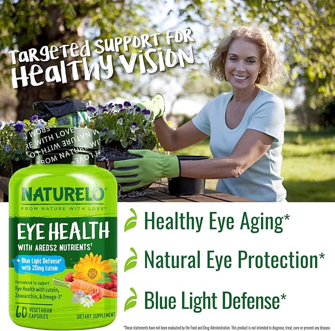 NATURELO Eye Vitamins - AREDS 2 Formula Nutrients with Lutein, Zeaxanthin, Vitamin C, E, Zinc, Plus DHA - Supplement for Dry Eyes, Healthy Vision, Eye Support - 60 Vegan Capsules (Pack of 2)
