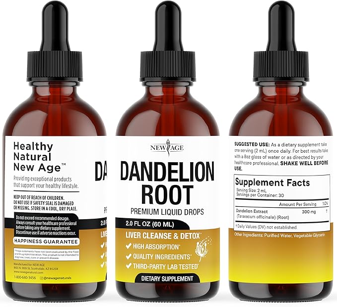 NEW AGE Dandelion Root Extract Drops - Liver Cleanse Detox Support - Dandelion Tincture for Liver Support - Vegan, Sugar & Alcohol-Free Liquid Supplement - 2 fl oz