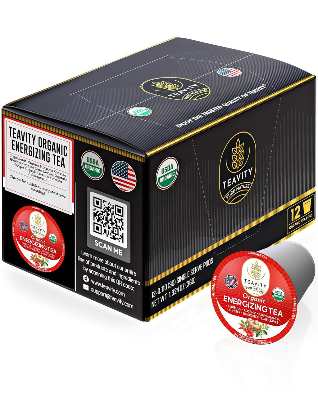Organic Ashwagandha Tea Pods for Keurig with Ginger, Licorice, Organic Hibiscus Sabdariffa, Rosehip, & Lime - Decaf Herbal Tea - Energizing Tea by Teavity (12 Tea Pods)