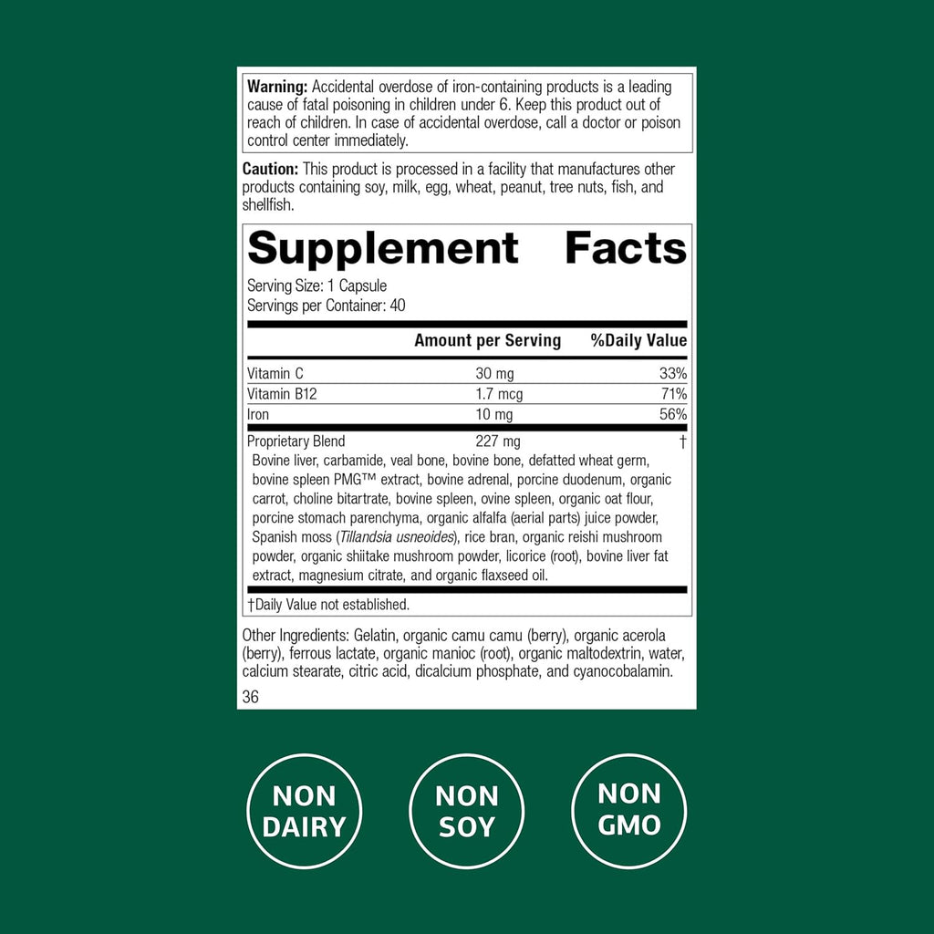 Standard Process Ferrofood - Iron Supplement to Support Normal Blood Production - Aid Iron Absorption with Vitamin C - Health Supplement with Alfalfa, Spanish Moss, Vitamin B12 & More - 40 Capsules