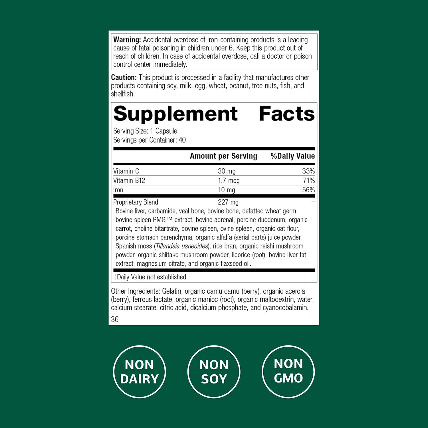 Standard Process Ferrofood - Iron Supplement to Support Normal Blood Production - Aid Iron Absorption with Vitamin C - Health Supplement with Alfalfa, Spanish Moss, Vitamin B12 & More - 40 Capsules