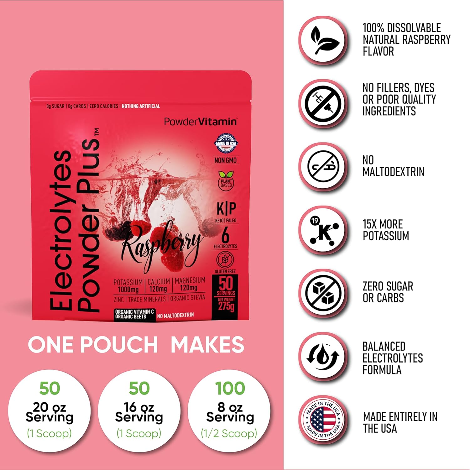PowderVitamin Electrolytes Powder Plus (50 Servings) Raspberry Electrolyte Powder Zero Calorie Keto, 0 Sugar, No Maltodextrin,1000mg Potassium,120mg Calcium,120mg Magnesium, Hydration Powder