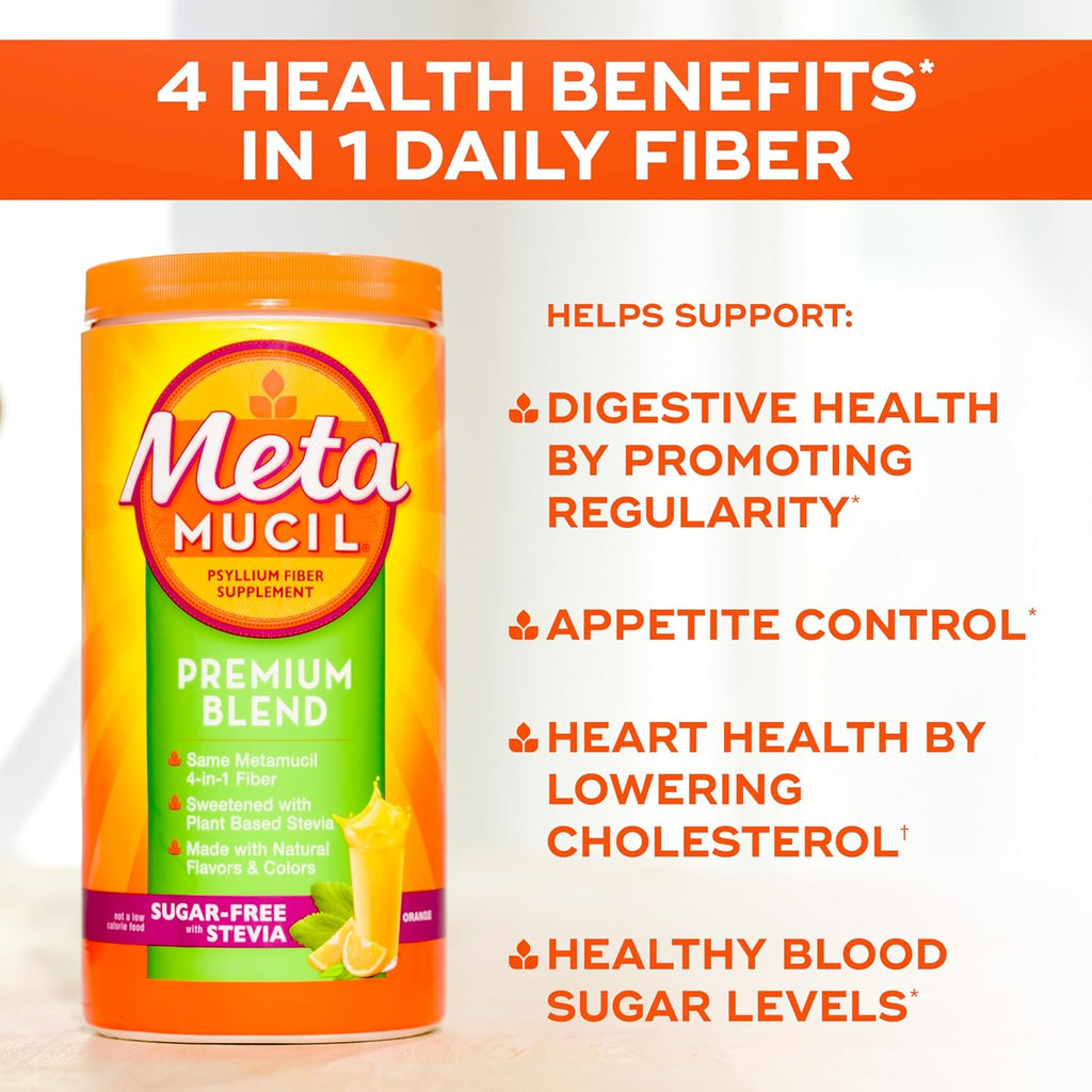 Metamucil Premium Blend, 4-in-1 Fiber Supplement for Digestive Health, Psyllium Husk Powder, Sugar-Free with Stevia, Plant-Based Fiber Supplement, Orange Flavored, 180 teaspoons