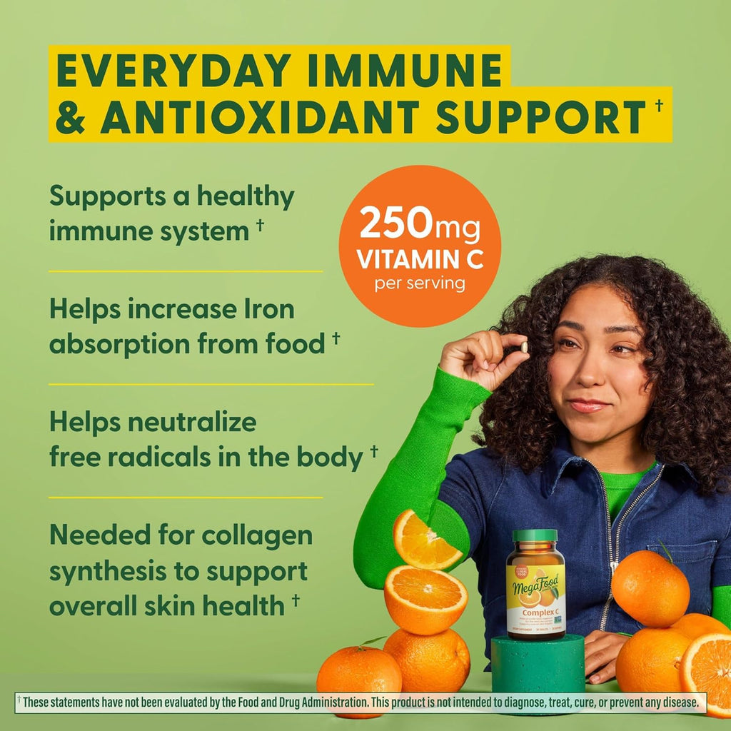 MegaFood Complex C - Vegan Immune Support Supplement with Vitamin C 250 mg, Made with Real Food Including Orange, Cranberry & Brown Rice, Gluten-Free, Kosher - 90 Tablets, 90 Servings