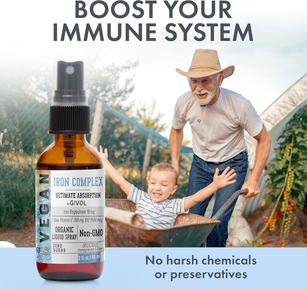 Iron Supplement - 18mg Bisglycinate Complex with Vitamin C & B12 for Energy & Immunity Boost, Vegan Liquid Spray, Optimal Absorption - Non-GMO, Sugar-Free, (60 ml) 60 Days Supply