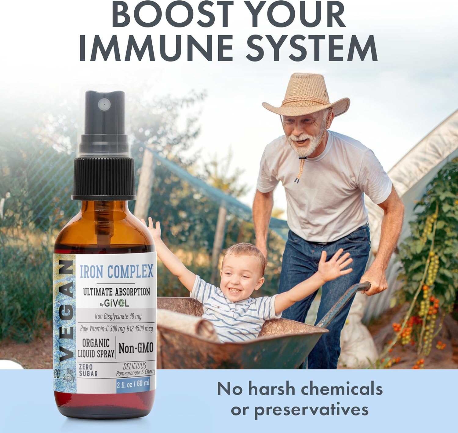Iron Supplement - 18mg Bisglycinate Complex with Vitamin C & B12 for Energy & Immunity Boost, Vegan Liquid Spray, Optimal Absorption - Non-GMO, Sugar-Free, (60 ml) 60 Days Supply