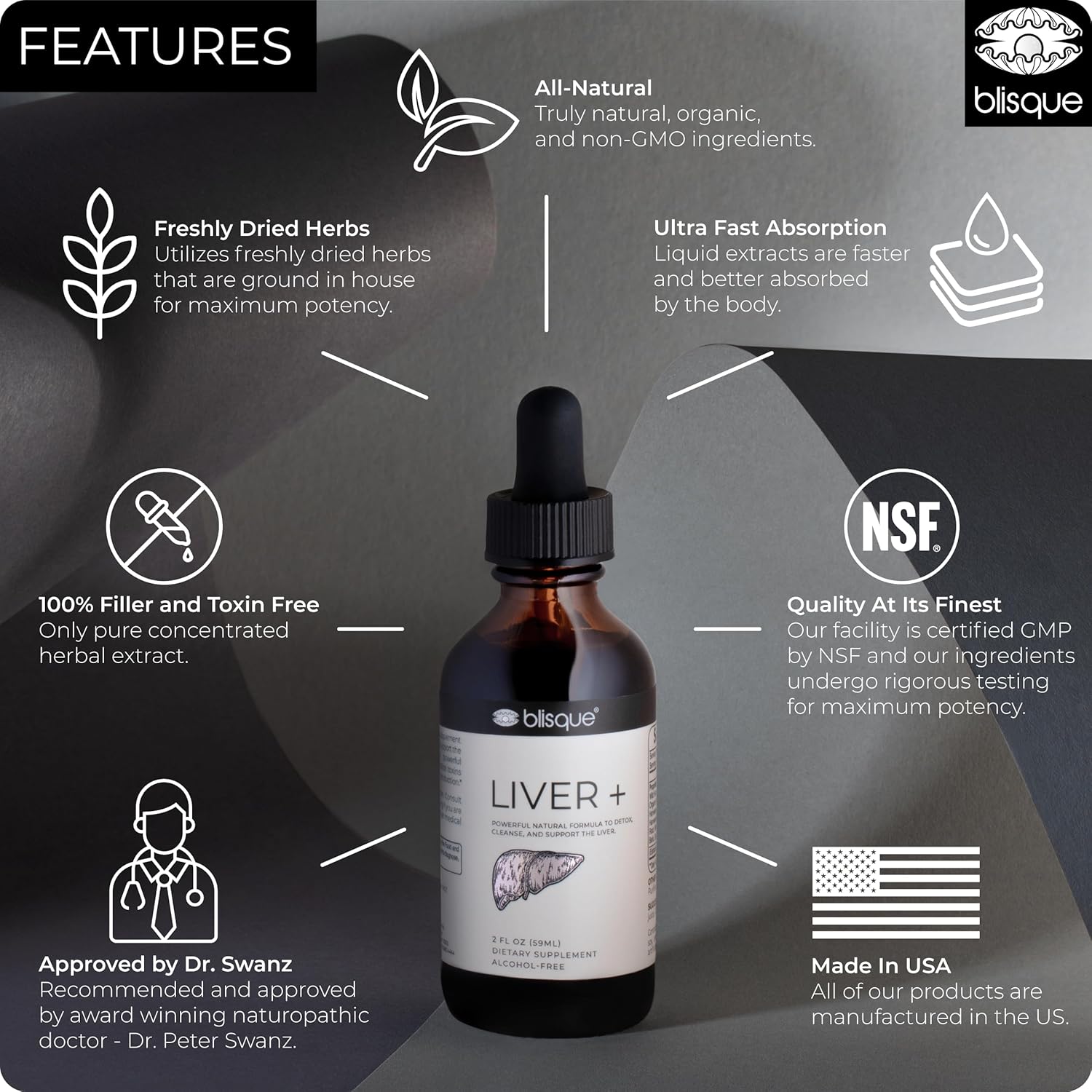 Blisque – Liver Complex Supplement to Detox, Cleanse, and Repair The Liver | Doctor-Approved | Natural Ingredients | Milk Thistle and Dandelion Root | 2 Ounce | 59 Servings