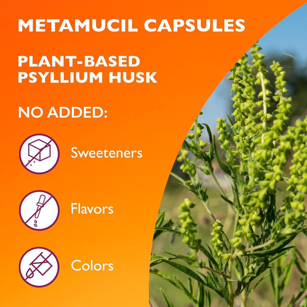 Metamucil, Daily Psyllium Husk Powder Supplement, 3-in-1 Fiber Supplement for Digestive Health, Plant Based Fiber Supplement, 300ct Capsules