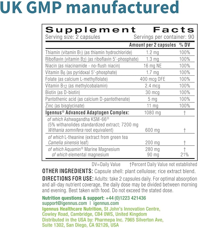 Igennus High Strength Ashwagandha KSM-66 Stress Relief Complex, L-Theanine & Magnesium & Root Extract Adaptogens, Methylated B Vitamins, Calm & Sleep Support, Clean Label, 180 Fast Acting Capsules