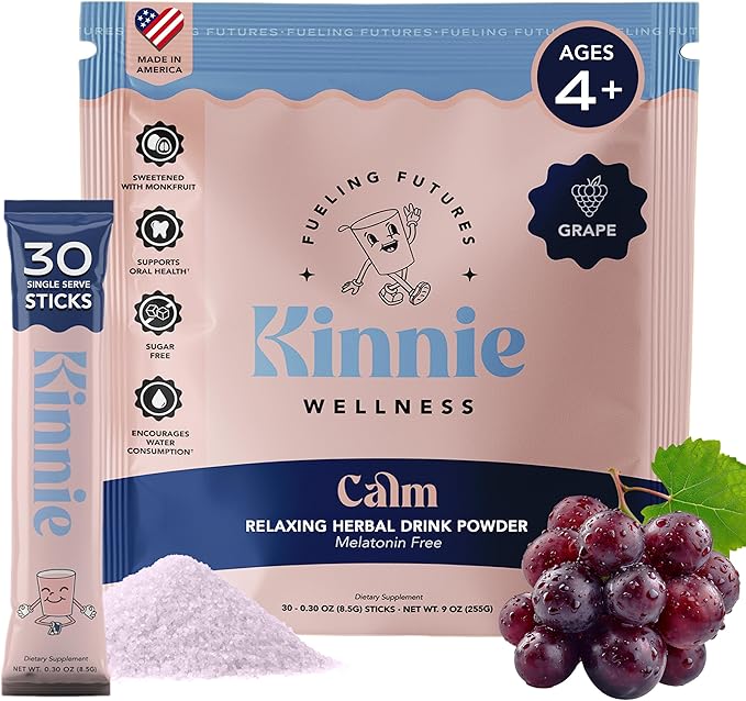 Calming Sugar Free Vitamin Mix for Kids - Grape Flavor, Melatonin Free - Herbal/Magnesium Supplement for Bedtime, Focus & Travel (30 Sticks)