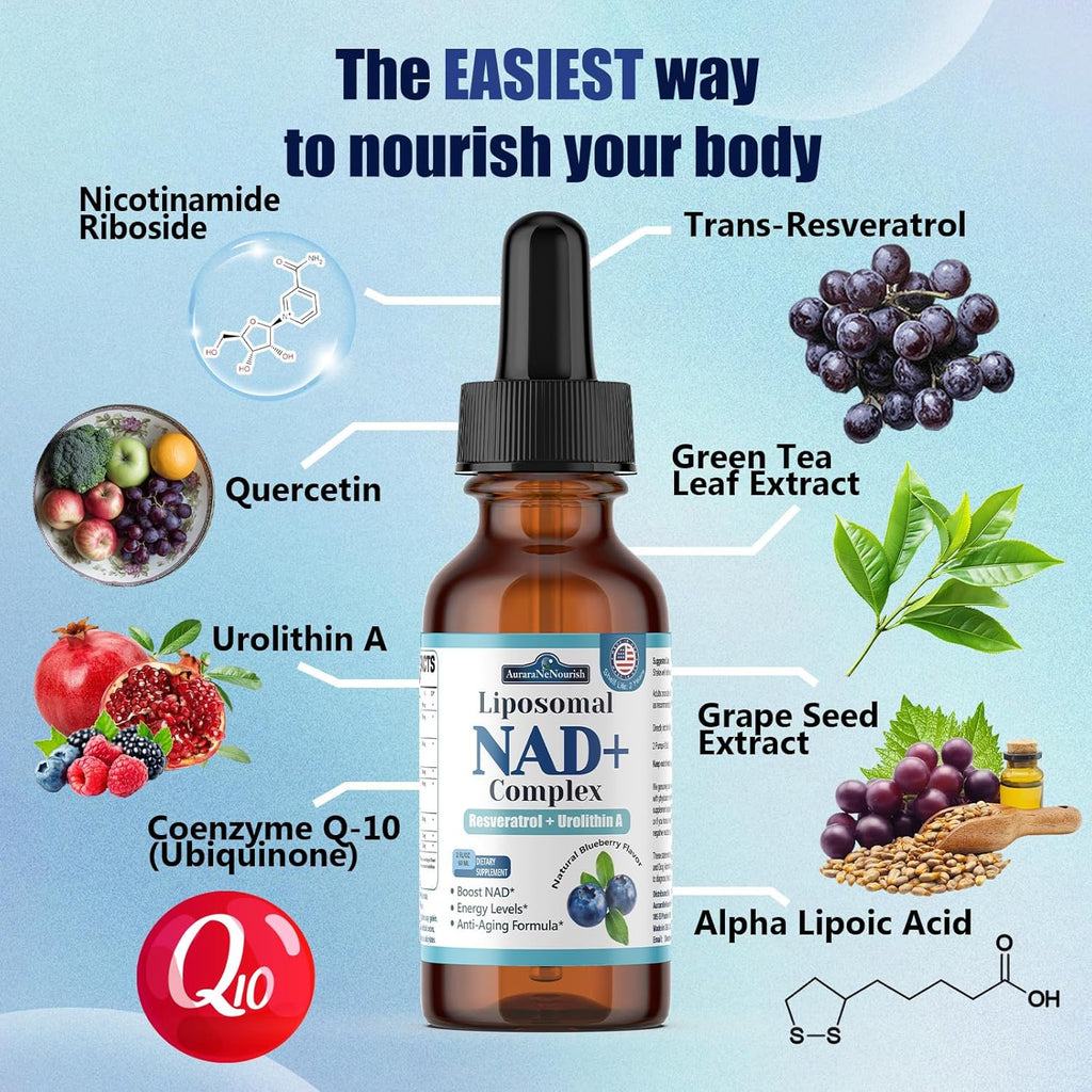 Liposomal NAD+ Liquid Drops, 8-in-1 NAD⁺ Nicotinamide Riboside Resveratrol 900mg w. Quercetin & Urolithin A | Fast Absorption NAD+ Supplement with CoQ10, ALA| Cellular Energy, Anti-Aging, Vitality