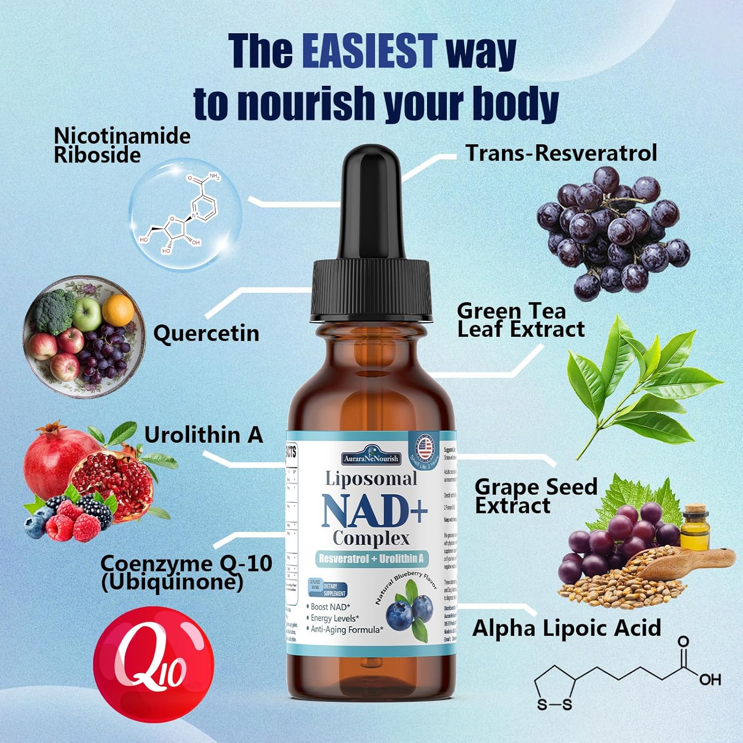 Liposomal NAD+ Liquid Drops, 8-in-1 NAD⁺ Nicotinamide Riboside Resveratrol 900mg w. Quercetin & Urolithin A | Fast Absorption NAD+ Supplement with CoQ10, ALA| Cellular Energy, Anti-Aging, Vitality