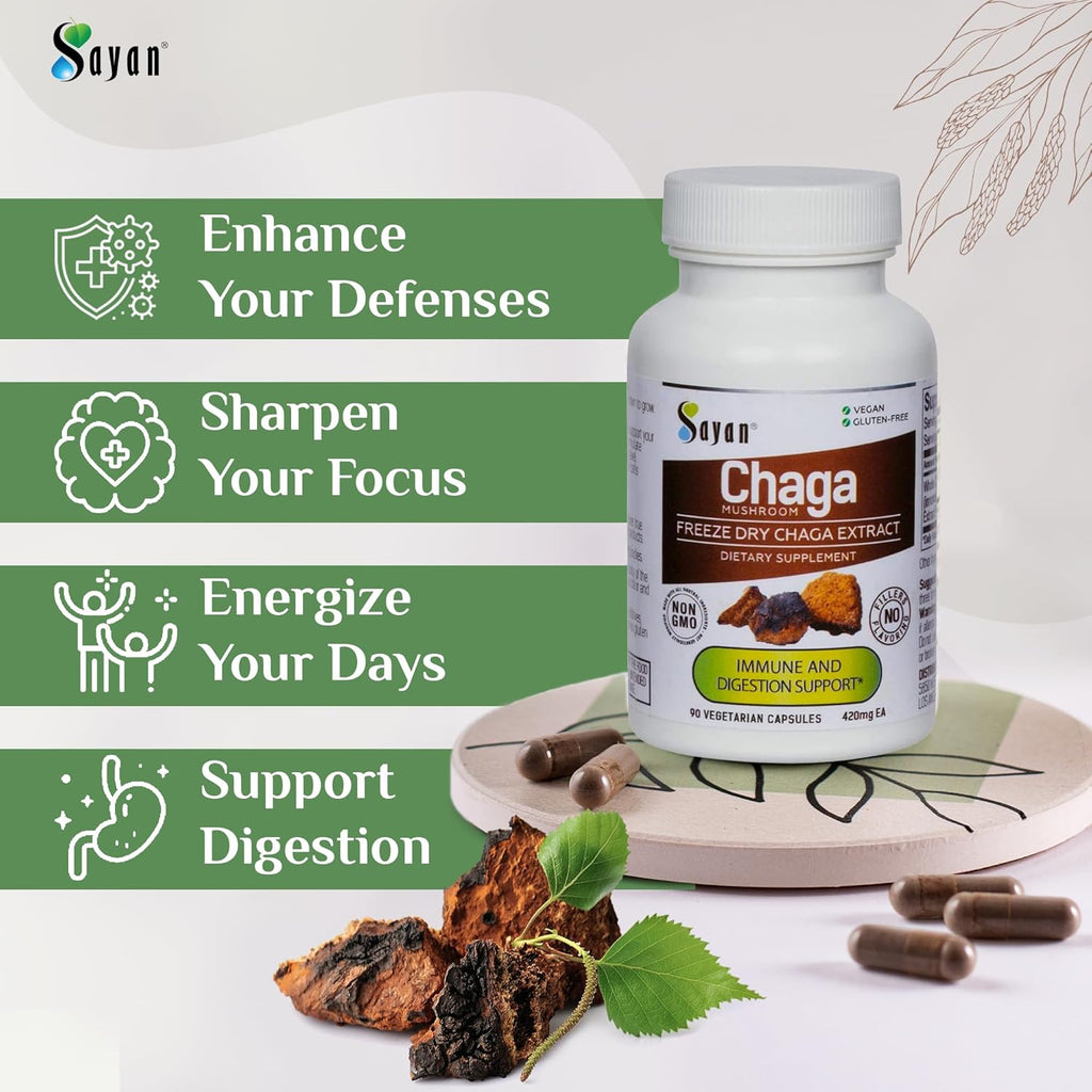Sayan Siberian Chaga Mushroom Extract – 90 Capsules/420mg ea – Natural & Wild-Harvest Antioxidant Supplement – Immune System Support & Regulate Body Functions – Vegan, Non-GMO, No Fillers or Additives