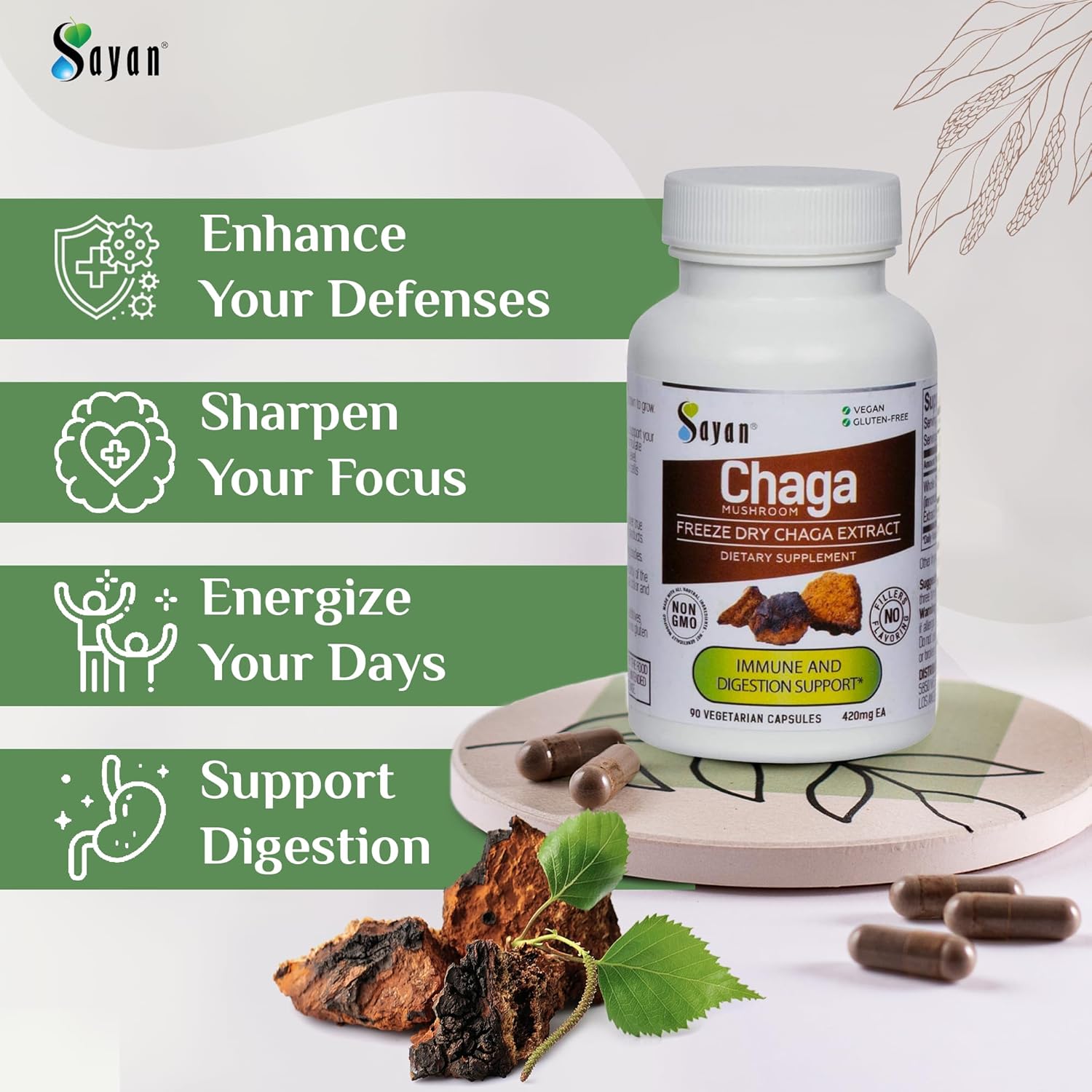 Sayan Siberian Chaga Mushroom Extract – 90 Capsules/420mg ea – Natural & Wild-Harvest Antioxidant Supplement – Immune System Support & Regulate Body Functions – Vegan, Non-GMO, No Fillers or Additives