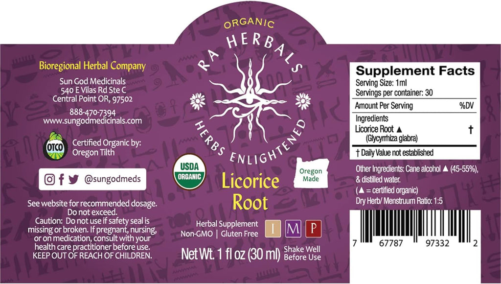 Ra Herbals Organic Licorice Root Liquid Extract - Digestive System Support - 1 fl oz