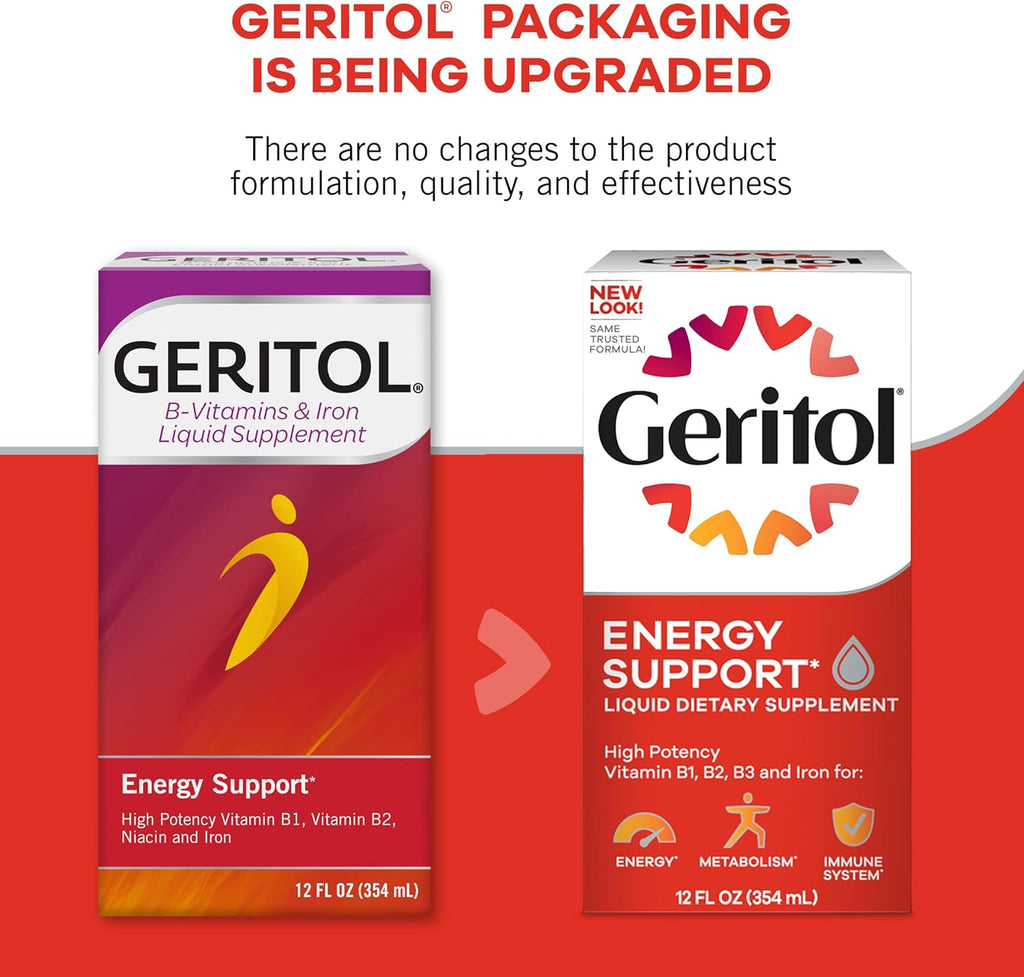 Geritol, Liquid Vitamin and Iron Supplement, Energy Support, Contains High Potency B-Vitamins and Iron, Pleasant Tasting, Easy to Swallow, No Artificial Sweeteners, Non-GMO, 12 Oz