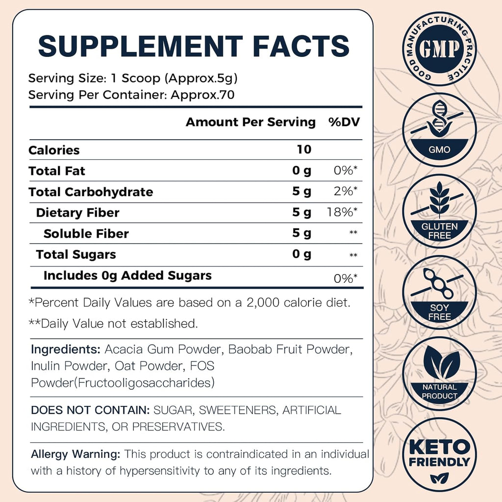 DRFOSTER Prebiotic Fiber Powder Unflavored - Soluble Fiber Supplement with Acacia Fiber & Inulin Powder for Digestive Health and Regularity | 5g Per Scoop, 70 Servings | Gluten & Sugar Free, Vegan
